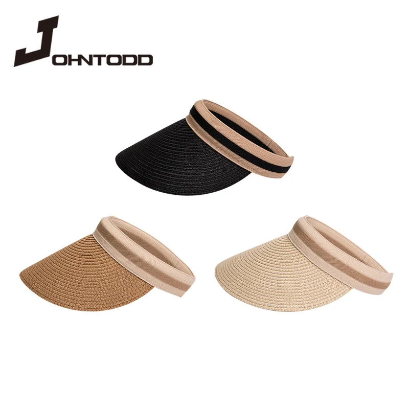 

2021 Fashion Spring Summer Lady Solid Color Empty Top Sun Visor Hat Summer Straw Wide Brim Sun Caps UV Protection Hat Woman Man