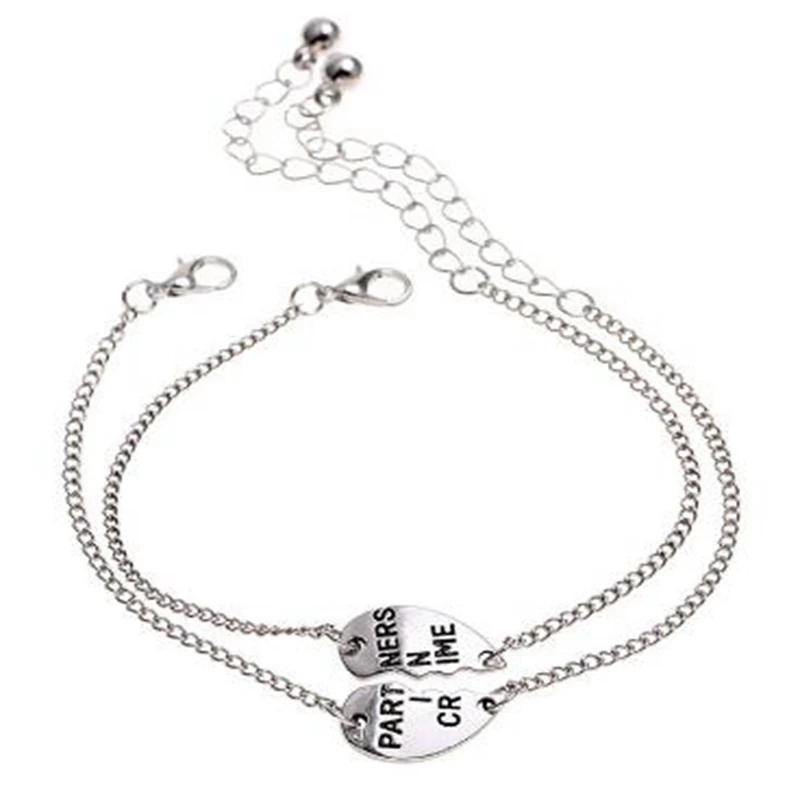 2pcs/pair Vintage Partners in Crime Bracelet Best Friends BFF Chain Jewelry Charms Couple Bracelet Bangle For Women Friendship