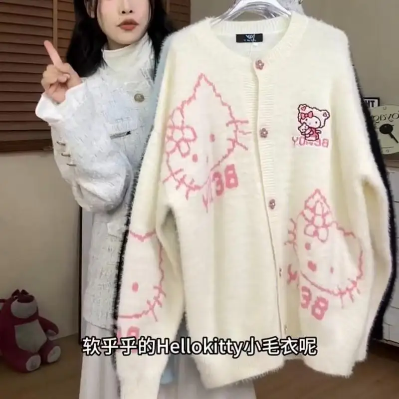

Новинка осени 2023, свободный свитер, вязаный кардиган из искусственной норки и шерсти Ins с рисунком Hello Kitty, теплый свитер для девочек, куртка, топ, плюшевое пальто с рисунком аниме
