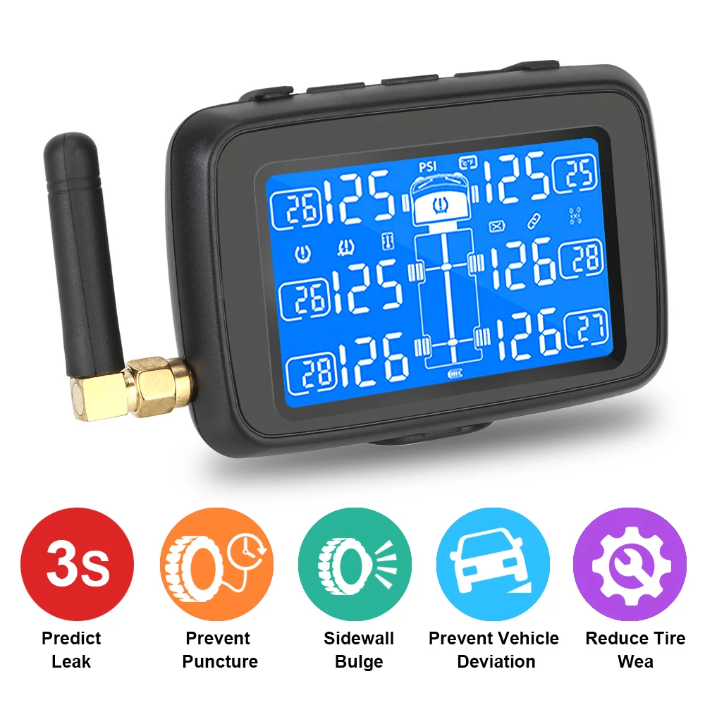 

Car Wireless Tire Pressure Monitoring System Auto Truck BUS TPMS with 6 External Sensors Digital LCD Display Replaceable Battery