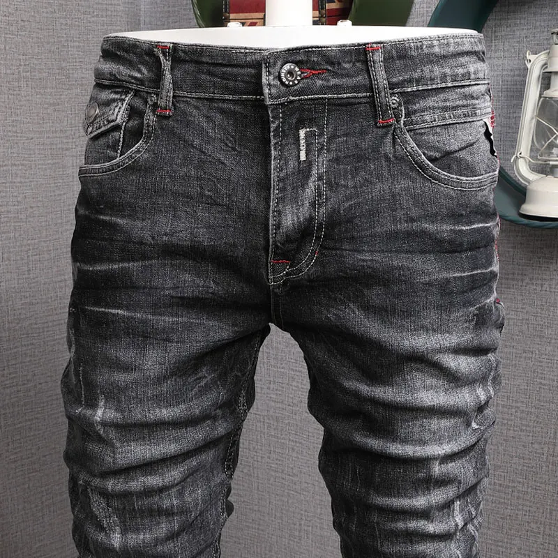 Fashion Vintage Men Jeans Retro Black Gray Elastic Slim Fit Ripped Jeans Men Trendy Trousers Italian Designer Denim Pants Hombre