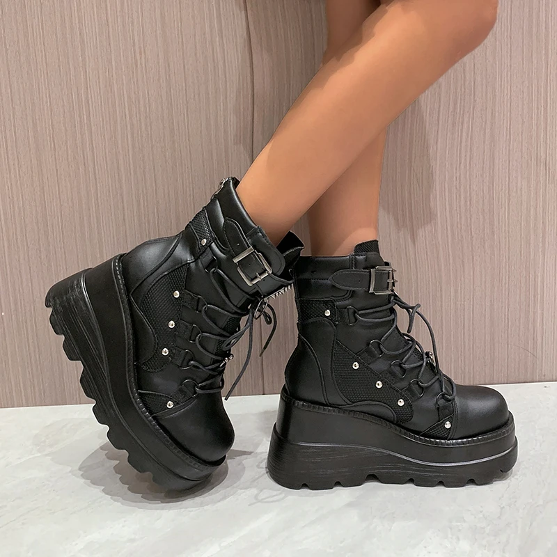 Platform Boots for Women Wedges Knee High Black Lace Up Fashion Goth Gothic Boots Punk Shoes Girls Winter 2023