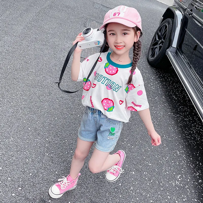 

Summer New Children's Clothes Girls Strawberry Cartoon T-shirt Crewneck Short-sleeved Top Leggings In Small Children