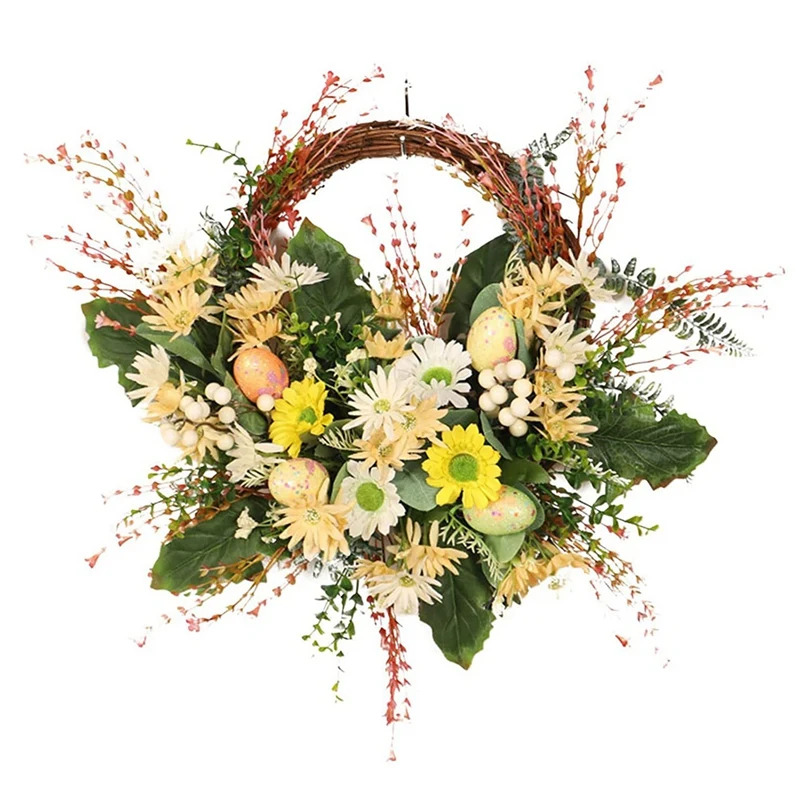 

Easter Egg Daisy Floral Wreaths For Front Door,19.7Inch Pre-Lit Pastel Eggs White Berries Spring Greenery Wreath