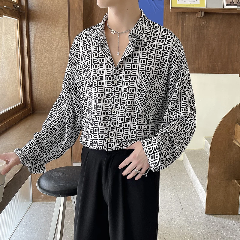 2022 Autumn Letter Printed Men Shirts  Long Sleeve Loose Casual Shirts Fashion Streetwear Personality Social Party Tuxedo Blouse