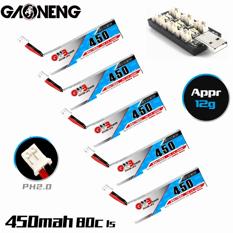 

GNB 450mah 1S 3.7V Lipo Batter+Charger 80C/160C With PH2.0 Connector For FPV Betafpv Tiny7 E010 Emax Freestyle Whoop Drone