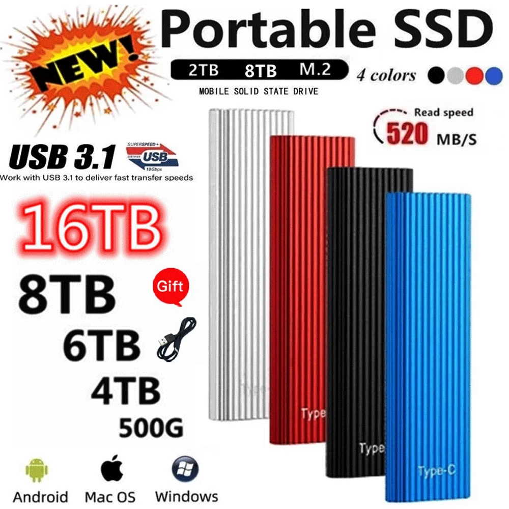 Portable M.2 SSD External Hard Drive 500GB 1TB 2TB Type-C USB 3.1 HDD 1TB 2TB 16TB Usb Flash Drive for Notebook Laptop PS4 PS5