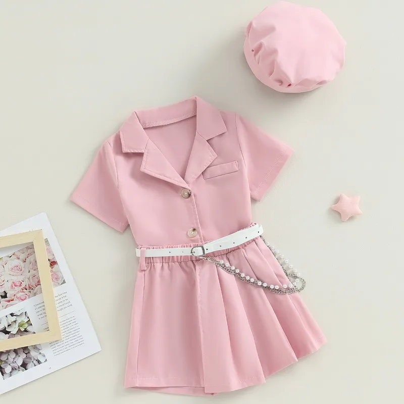 

Children Girls Short Sets Summer Clothes Outfits Short Sleeve Shirt Tops and Pleated Suit Skirt Cute Hat Set Baby Items Clothing