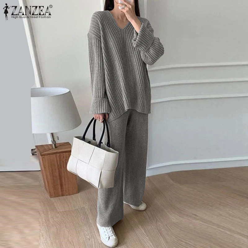 

OL Suits Women Elegant Solid Tracksuit ZANZEA Casual Loose Knitted Matching Sets 2022 Spring 2PCS V Neck Pullover Wide Leg Pant