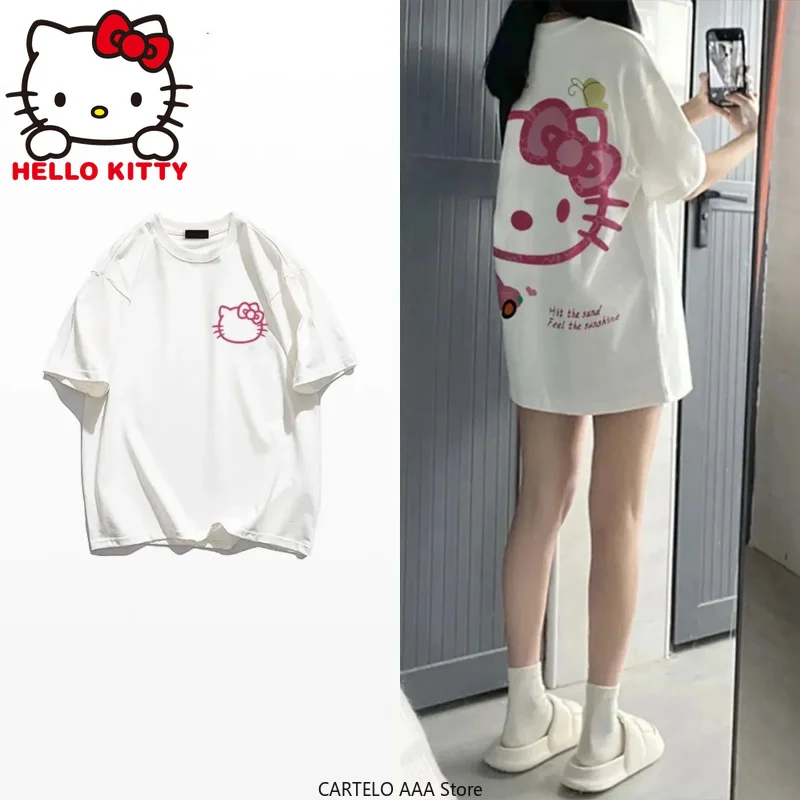 

Kawaii Sanrio Hellow Kitty T-Shirt Cute Cartoon Wild Loose Print Shirt Cotton Short-Sleeve Clothes Girl Gift 4XL Oversized Women