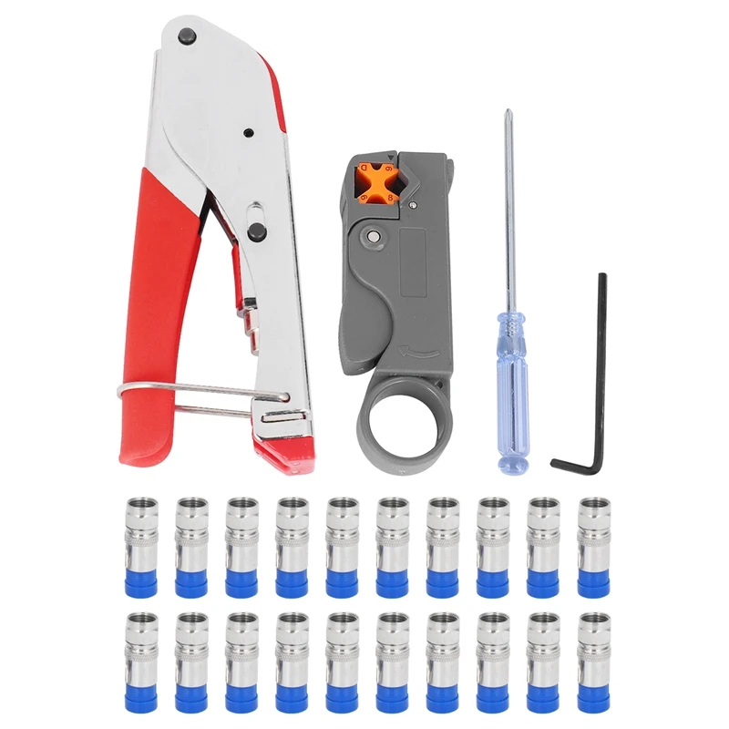 

Compression Tool Kit Rg59 Rg6 Coax Crimping Tool Double Blades Coaxial Cable Stripper With 20Pcs Blue F Connectors