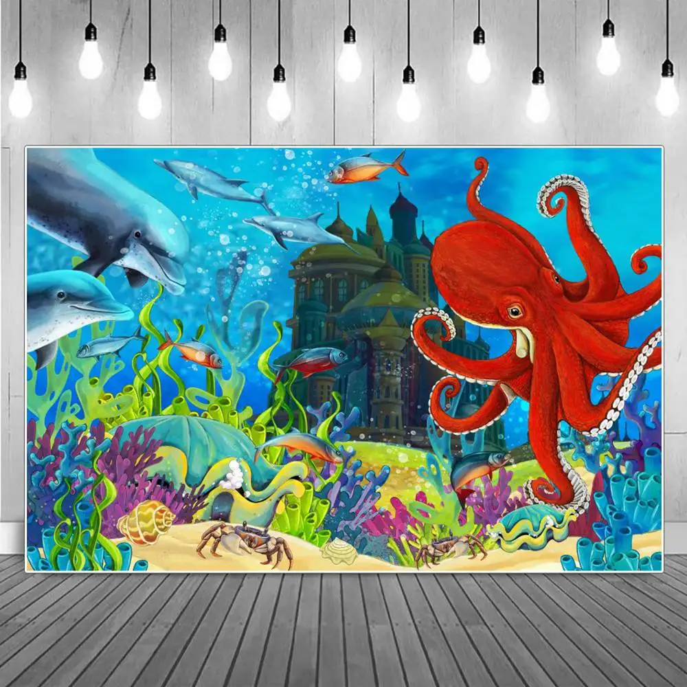 

Octopus Castle Aquarium Birthday Decoration Photography Backdrops Sign Seabed Coral Bubbles Shark Party Photographic Backgrounds