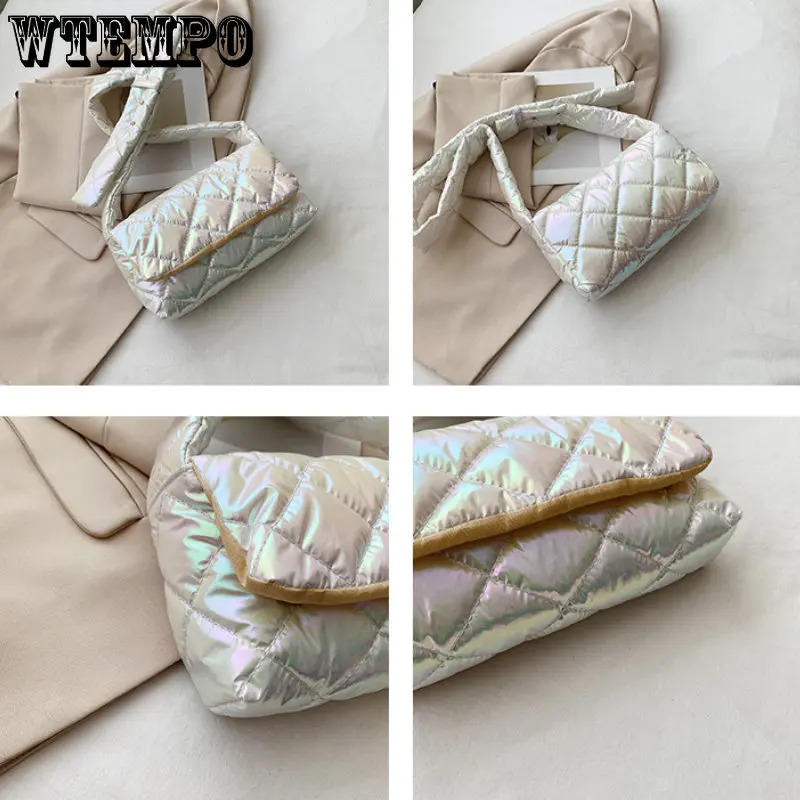 Quilted Women Messenger Bag Fashion Check Cotton-Padded Bag Nylon Buckle Autumn Winter Flap Soft Solid Color for Shopping Travel