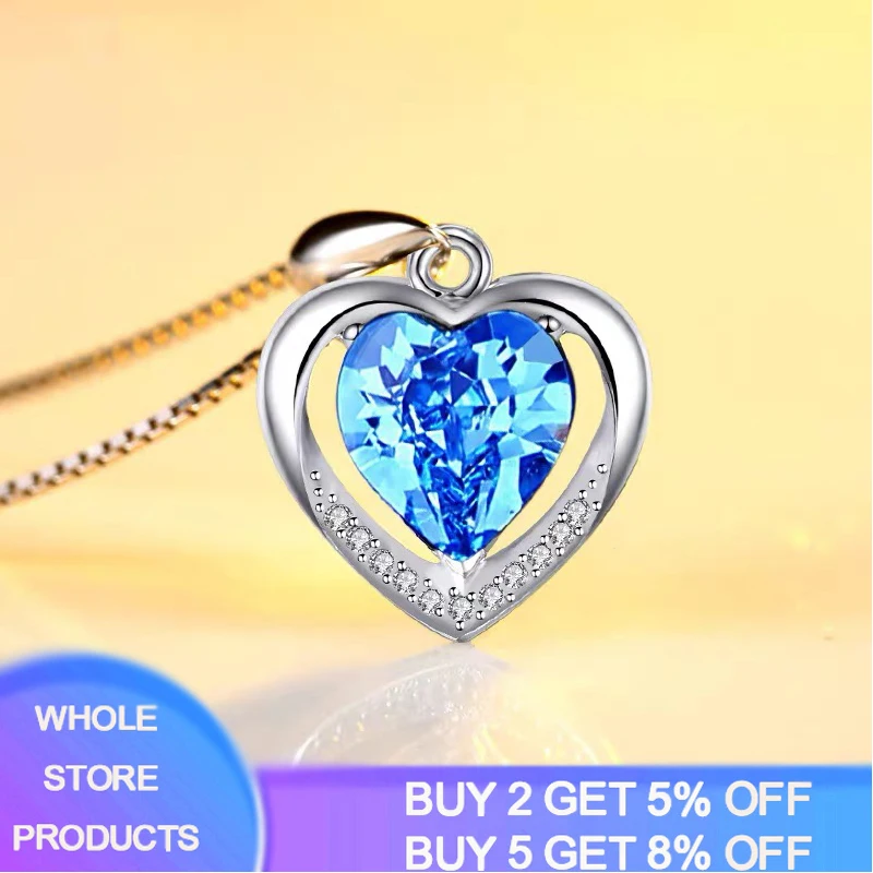 

New Exquisite Blue Crystal Necklace Fashion Temperament Love Pendant Necklace Female Tibetan Silver Jewelry