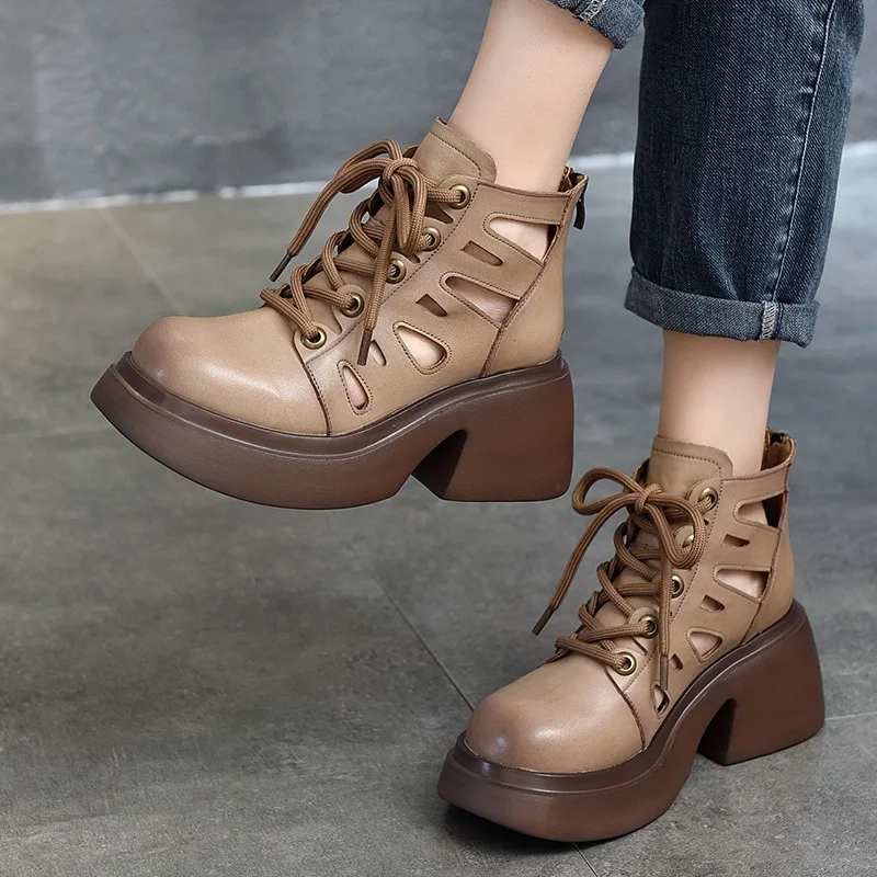 

Birkuir Hollow Out Shoes For Women Genuine Leather Thick Heel Sandals Luxury 7.5cm Zipper Lace Up Closed Toe Elegant Pumps Lady