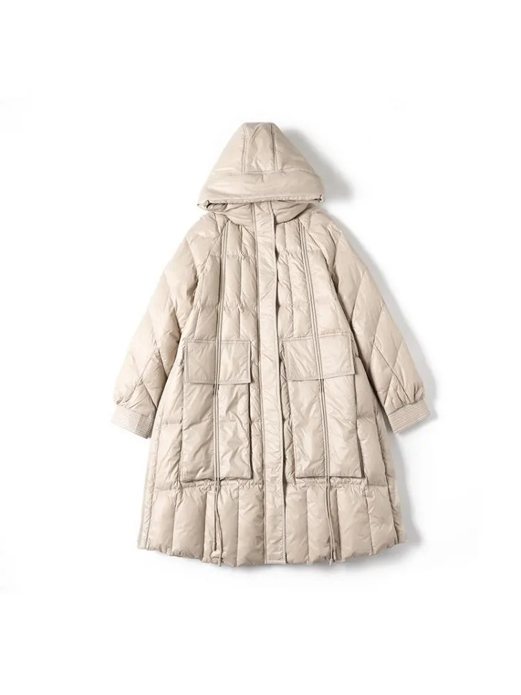 European Station 2022 Winter Long Hooded Thicked 90 White Duck Down Coats Women Black Loose Padded Warmer Cloth Jackets