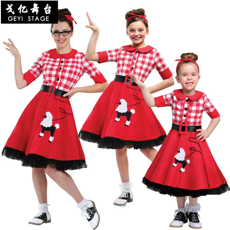 

Halloween Women's parent-child costume world famous family series fifties red plaid blue dot dress