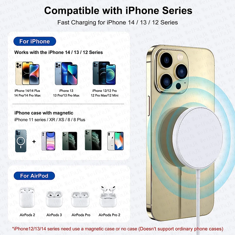 Оригинальное Беспроводное зарядное устройство Apple Magsafe для iPhone 16 15 14 13 12 11 Pro Max X XS XR 8 Plus, кабель с молнией для быстрой зарядки типа C (art.: 3920cd2c5bdeb) - 3920cd2c5bdeb