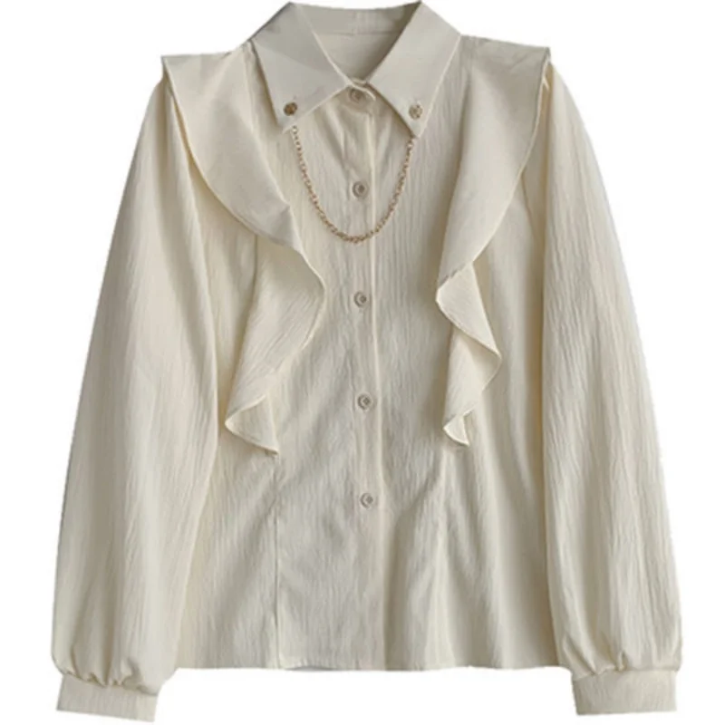 

Блузка женская с оборками, модная рубашка с длинным рукавом и цепочкой, однотонная элегантная Осенняя блузка на пуговицах, топ, 2022