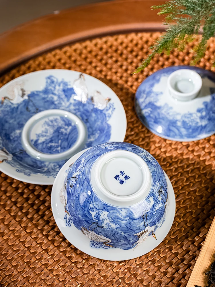 Китайский ретро Цзиндэчжэнь Gaiwan сине-белый журавль домашний антиожоговый чай