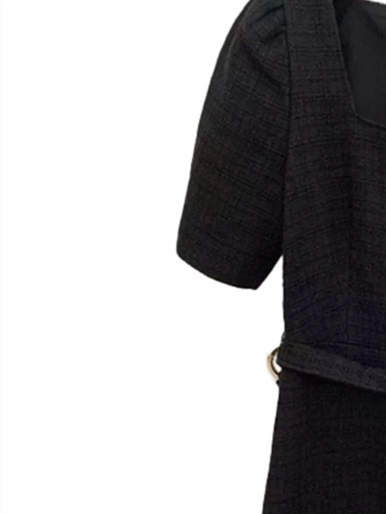 Women's Tweed Robes Square Collar Short Sleeve A-line Sashes Female Black Mini Dress 2022 Autumn