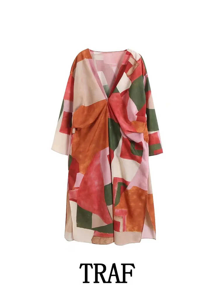 

Женское длинное платье-рубашка с принтом, с длинным рукавом