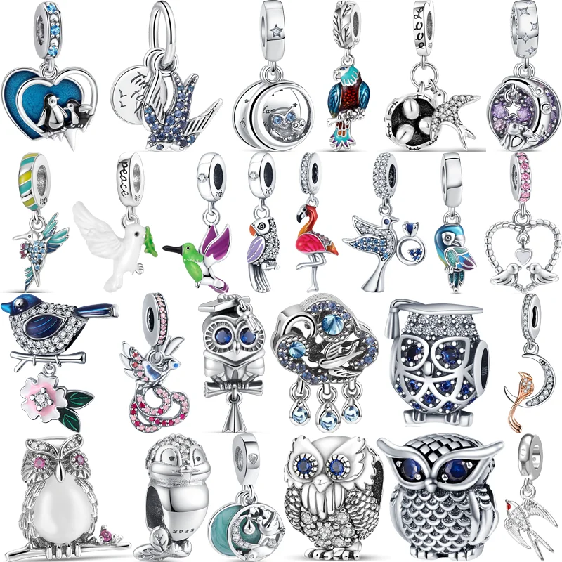 

New 925 Sterling Silver Blue Swallow Owl Colorful Parrot Red Flamingo Bird Beads Fit Original Pandora Charm Bracelet DIY Jewelry