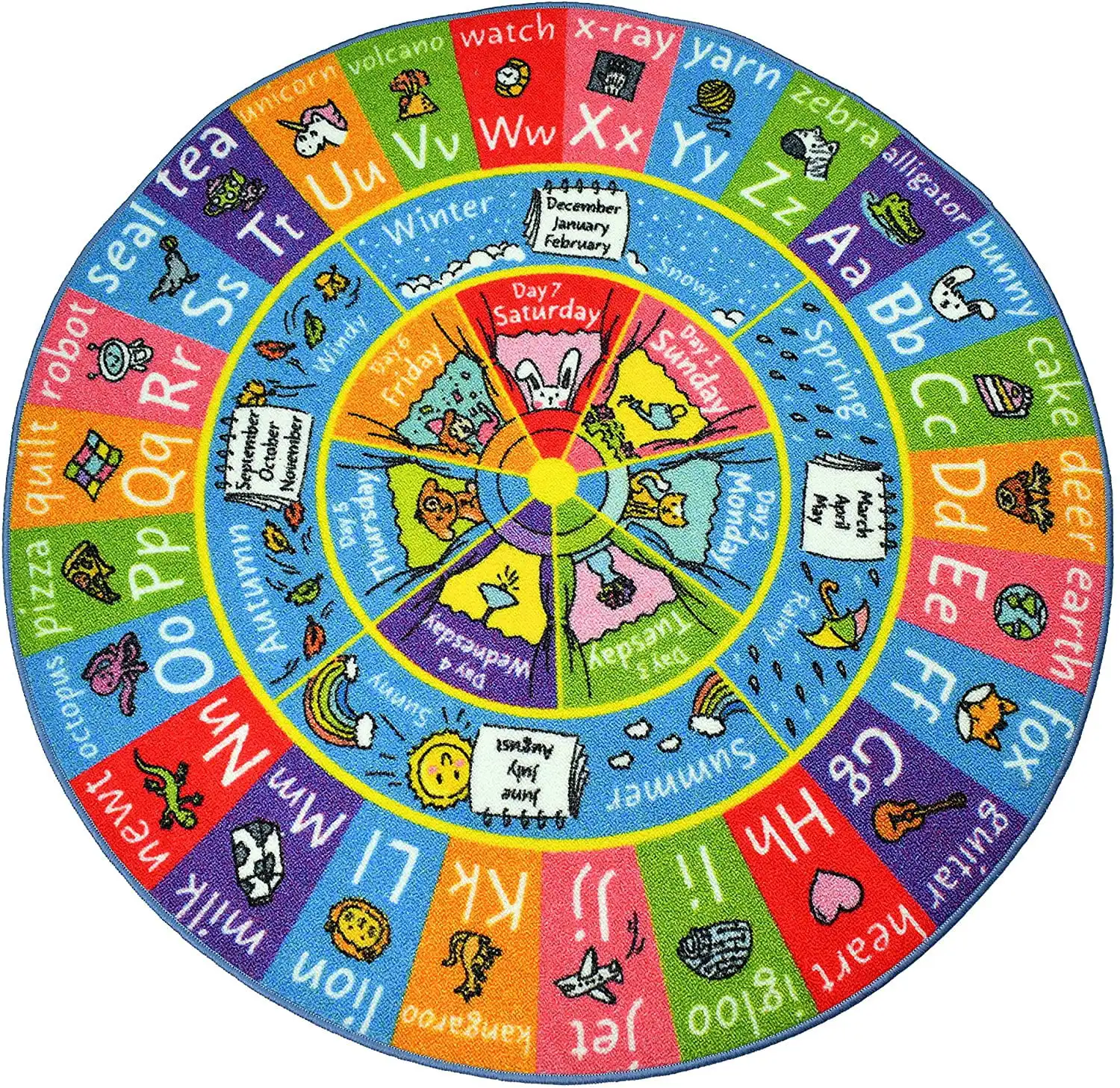 

Playtime Collection ABC Alphabet, Seasons, Months and Days of The Week Educational Learning & Game Round Circle Area Rug Carpet