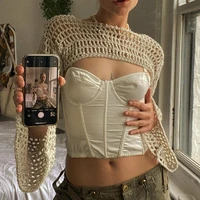 dourbesty harajuku knitted crop top hollow out long sleeve t shirt women aesthetic vintage crochet cover ups tees y2k streetwear