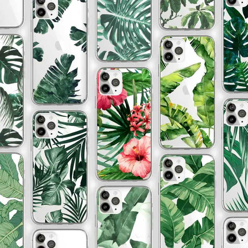 

green leaf art pattern Phone Case Transparent soft For iphone 12 11 13 7 8 6 s plus x xs xr pro max mini