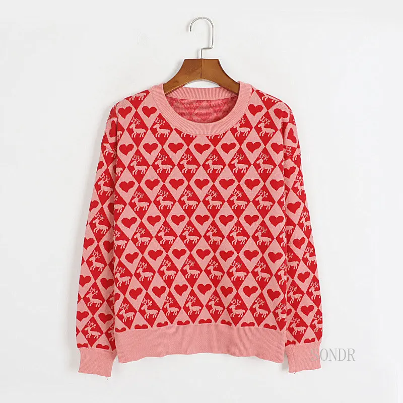 

Женский жаккардовый свитер с рисунком ромбиками, с круглым вырезом