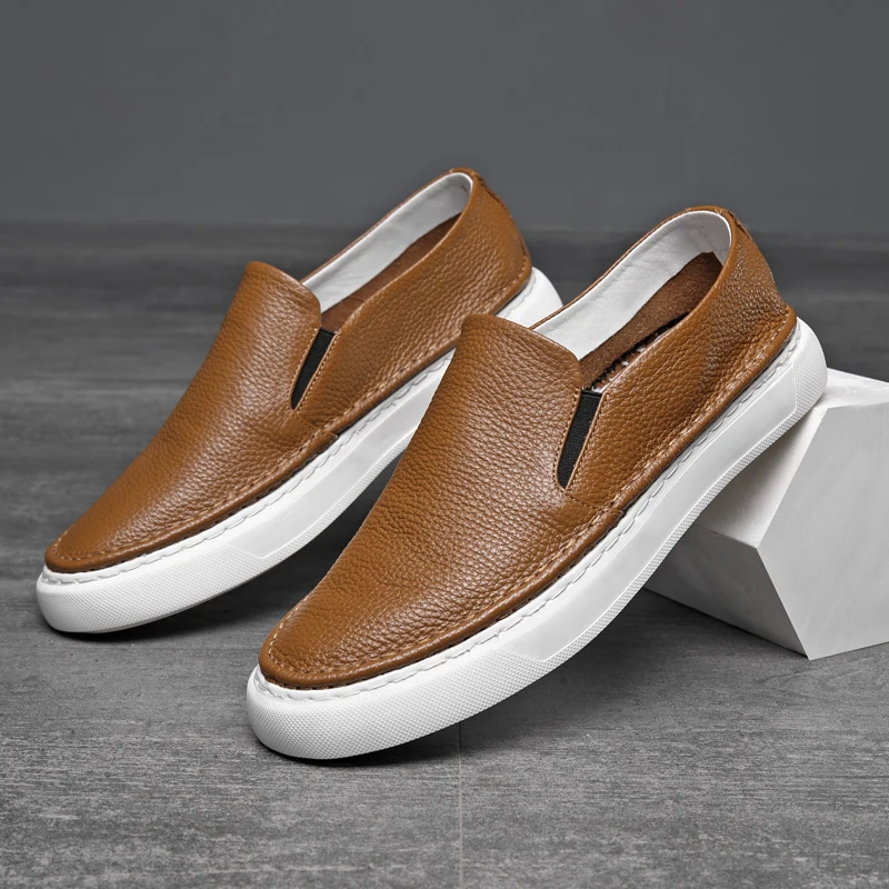 

Comfortable Solid Color Soft Sole Genuine Cow Leather New Loafers Men's Sneakers Fashion Casual Shoes For Men Non-Slip Man Shoes