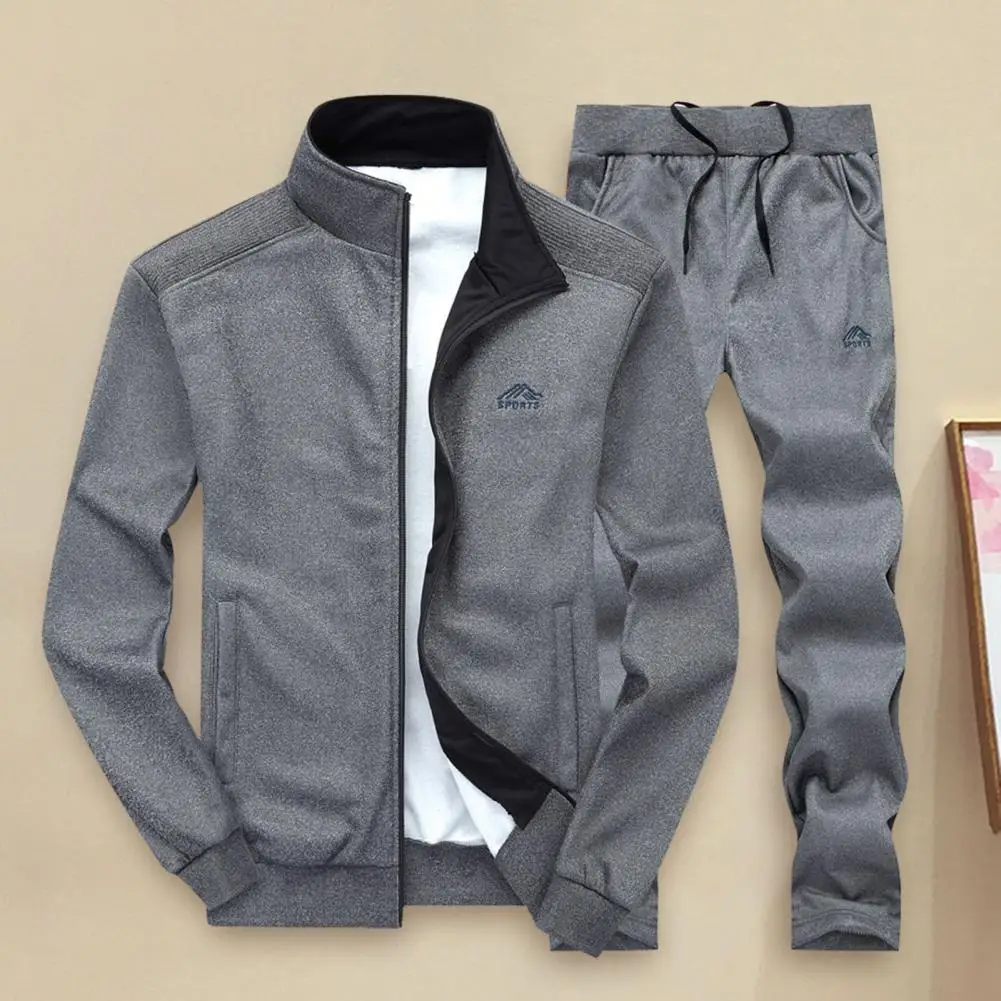 

2Pcs/Set Men Autumn Winter Sport Outfit Long Sleeve Zipper Placket Jacket Elastic Waistband Drawstring Straight Leg Pants Set