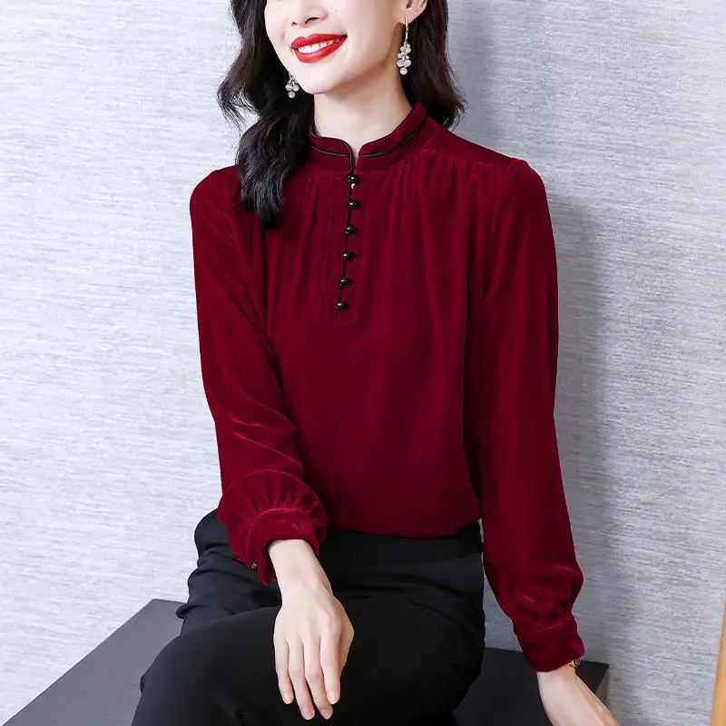 

Red gold silk velvet blouse female shirt autumn and winter 2022 new fashion temperament gold velvet bottoming blouse shirt tops