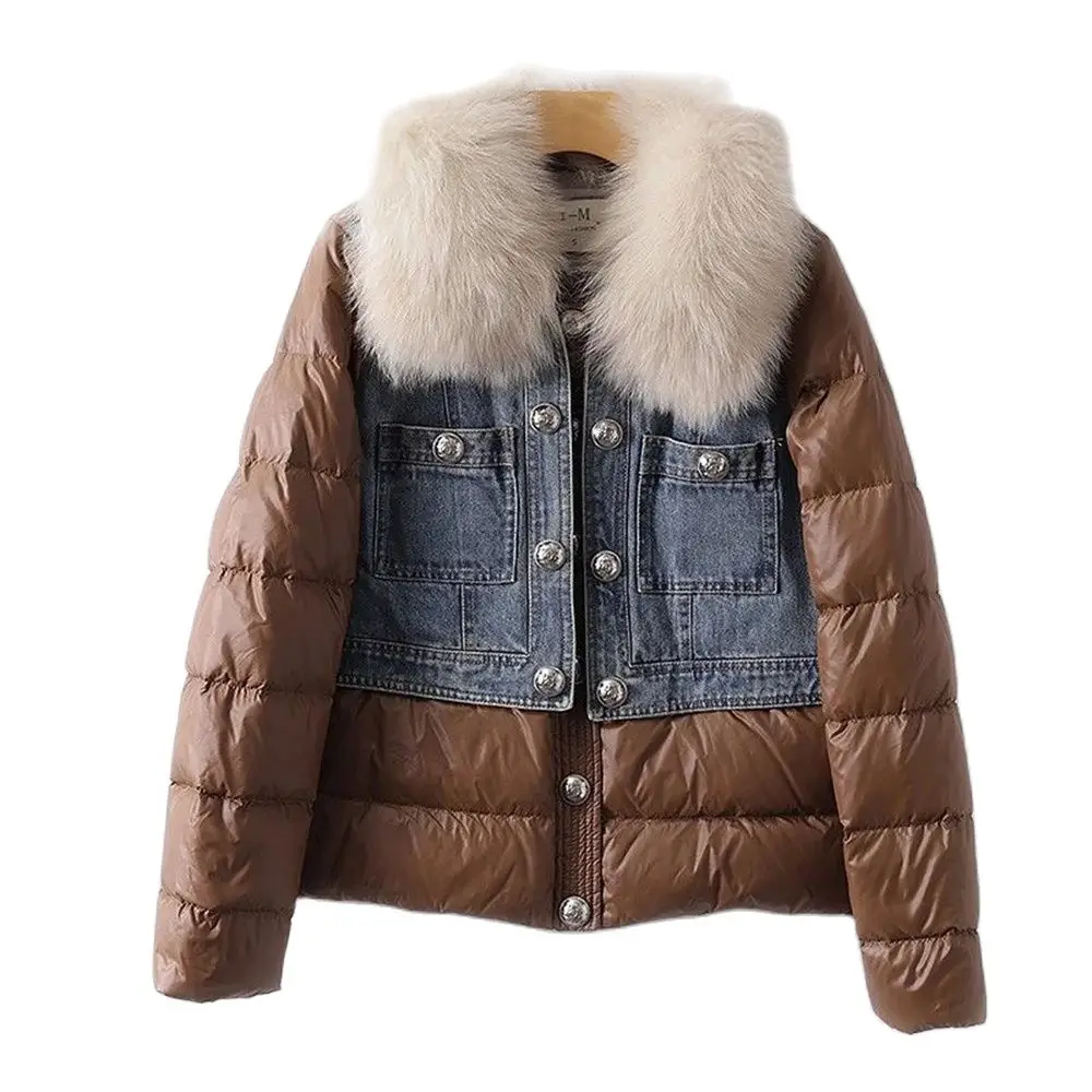 

Women's Cotton-Padded Jacket with Fox Fur Collar, White Duck Down, Cowboy Splicing, Warm, Europe and USA Style, Winter Fashion