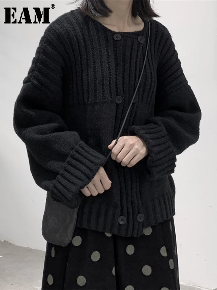 

[EAM] Black Big Size Knitting Cardigan Sweater Loose Fit O-Neck Long Sleeve Women New Fashion Tide Autumn Winter 2023 1DF2458