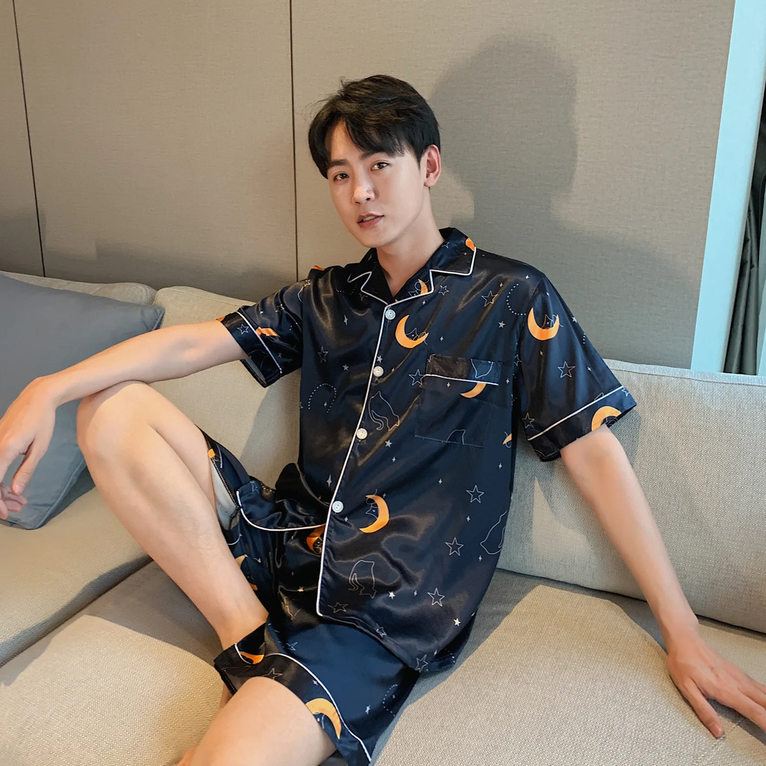 Men's Loungewear Lapel  Print Satin PJ Set Pajamas Set Home Sleepwear Two Piece Set Women's Loungewear Plus Size 2022 New