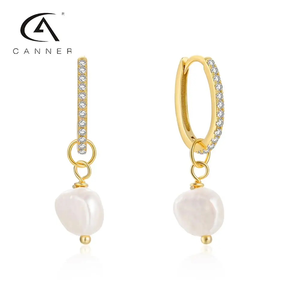 

CANNER Geometric Diamond Hoop Earrings For Women S925 Silver Baroque Irregular Pearls Pendientes 2023 Wedding Bands Fine Jewelry