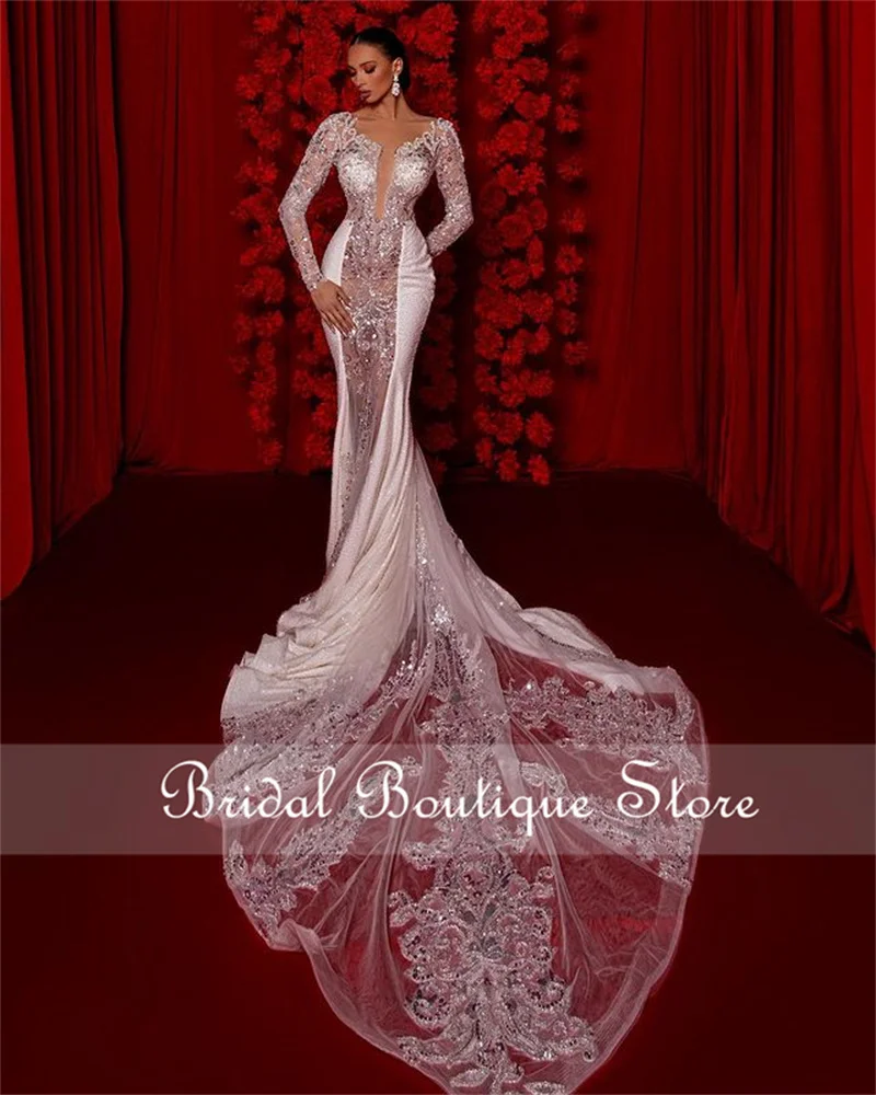 

New Arrival Mermaid Wedding Gowns 2023 Illusion Sheer Neck Beaded Crystal Dubai Bridal Gowns Court Train Robe De Mariee Custom