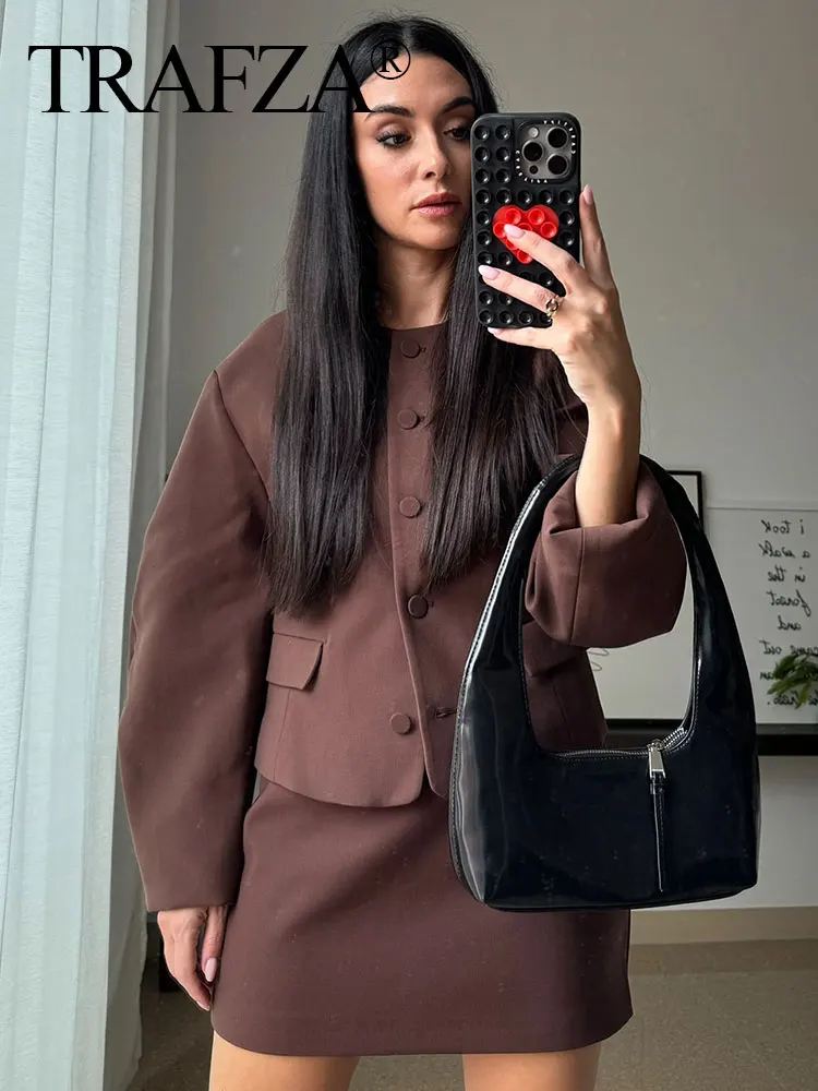 TRAFZA Женская мода Однотонный комплект из 2 предметов с круглым вырезом