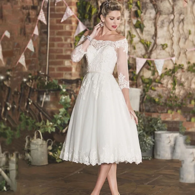 

Short Sleeveless Wedding Dress Lace Applique 2022 New Three Quarter Sleeves Backless Elegant Illusion Tulle Bride Gown