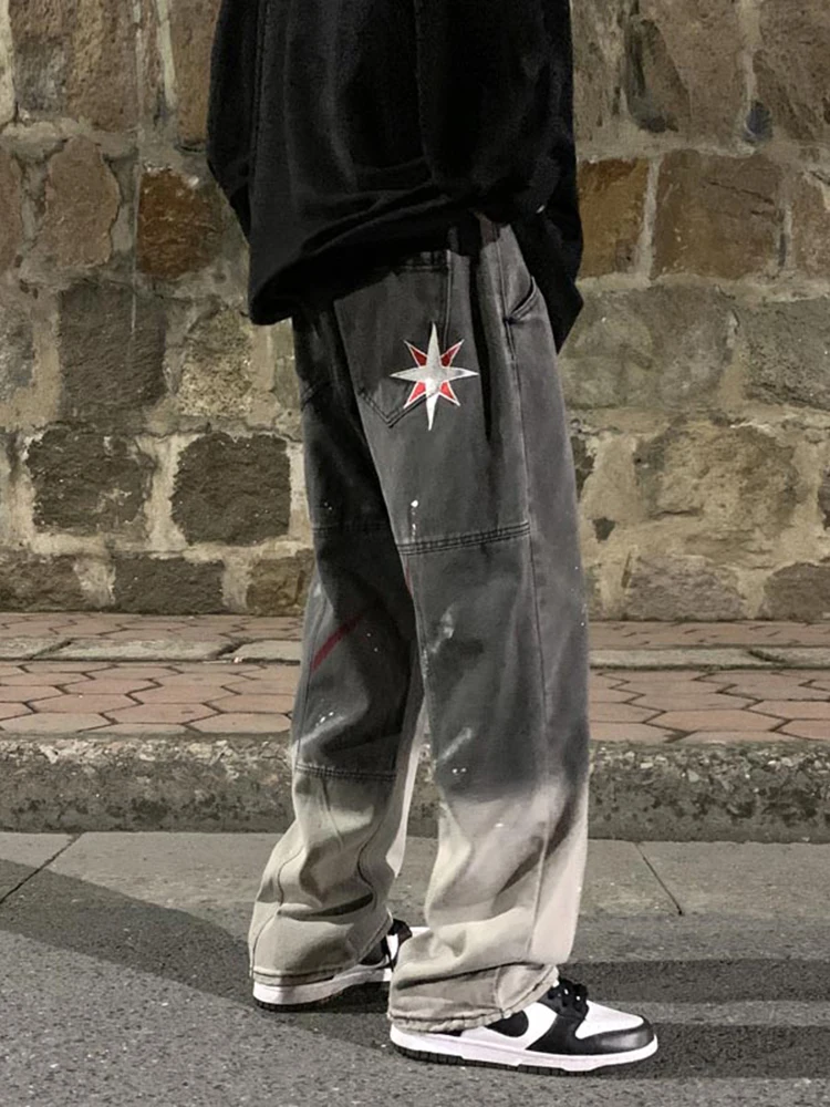 Four Seasons Men Jeans High Street Graffiti Embroidery Gradient Loose Versatile Straight Casual Pants Fashion Hip Hop Streetwear