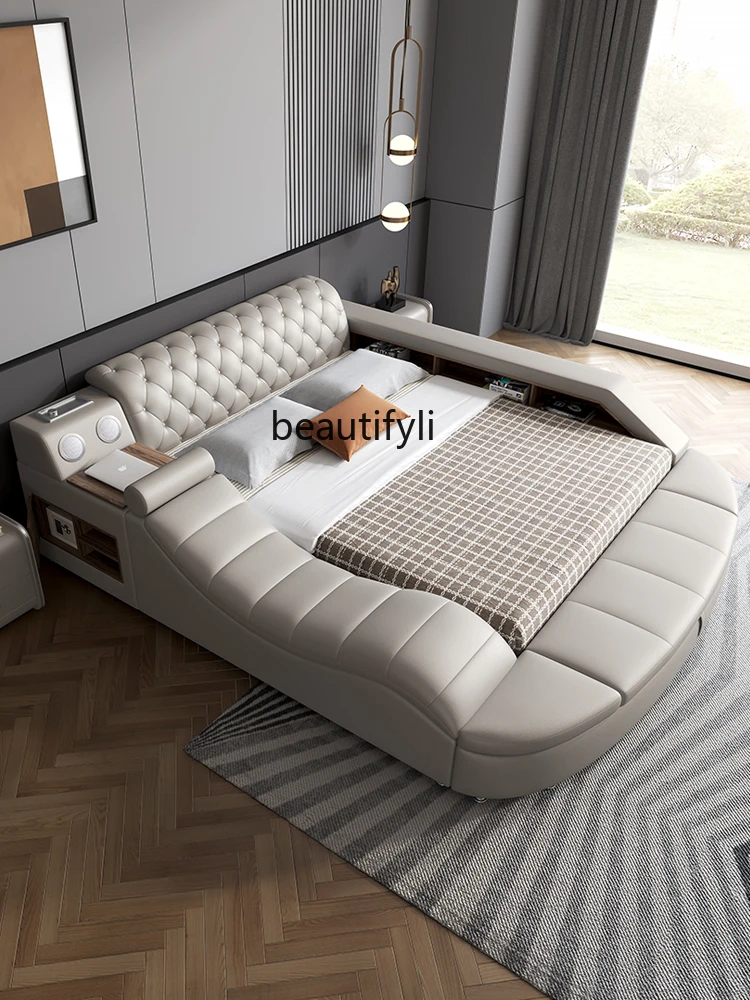 

zq Modern Minimalist Master Bedroom Light Luxury Leather Bed 1.8 M Double Bed Multifunctional Storage Massage Marriage Bed