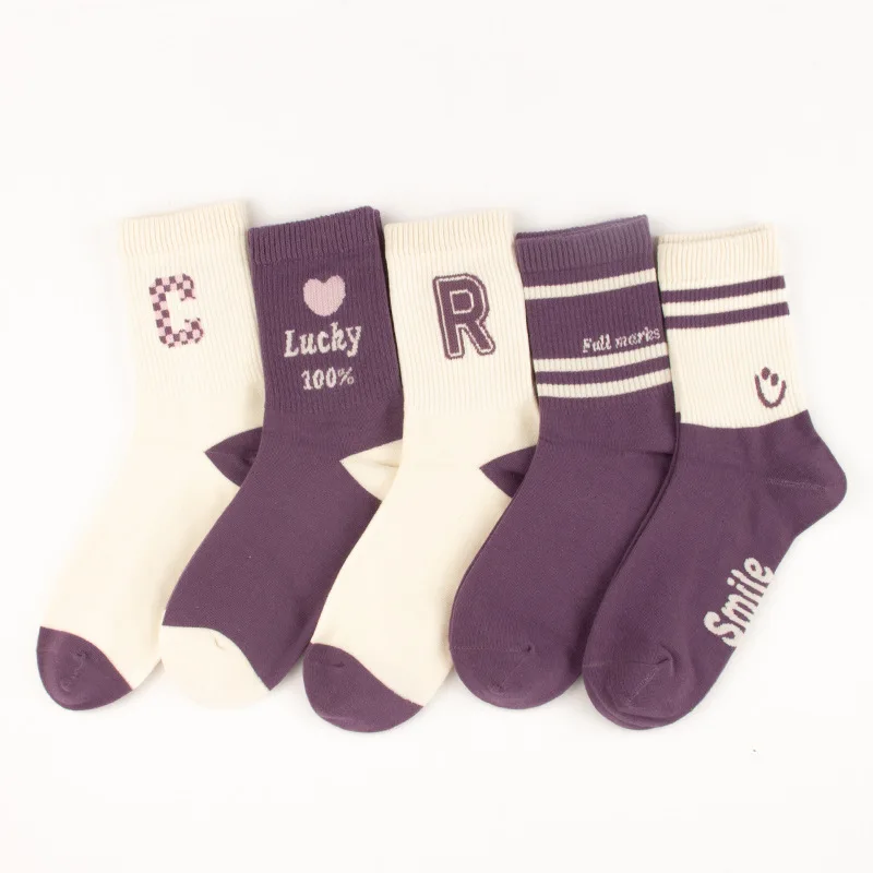 5 Pairs Letters Striped Print Casual Women's Mid Tube Solid Color Socks College Style Trendy Personality Long Tube Women's Socks