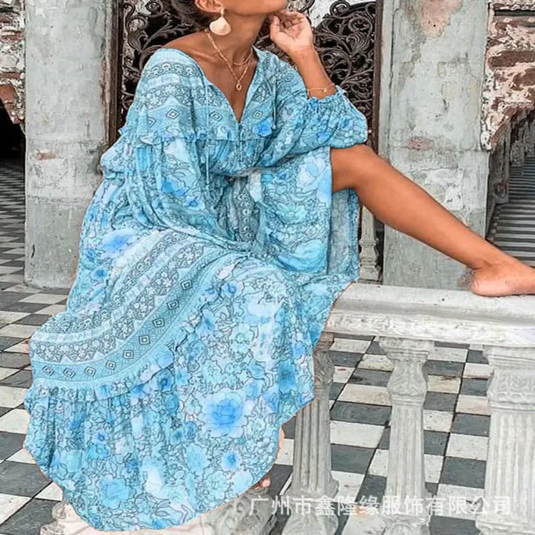 

Ruffle Long Sleeve Floral Print O-Neck Spring Autumn Women Long Maxi Dresses Boho Bohemian Casual Cloth