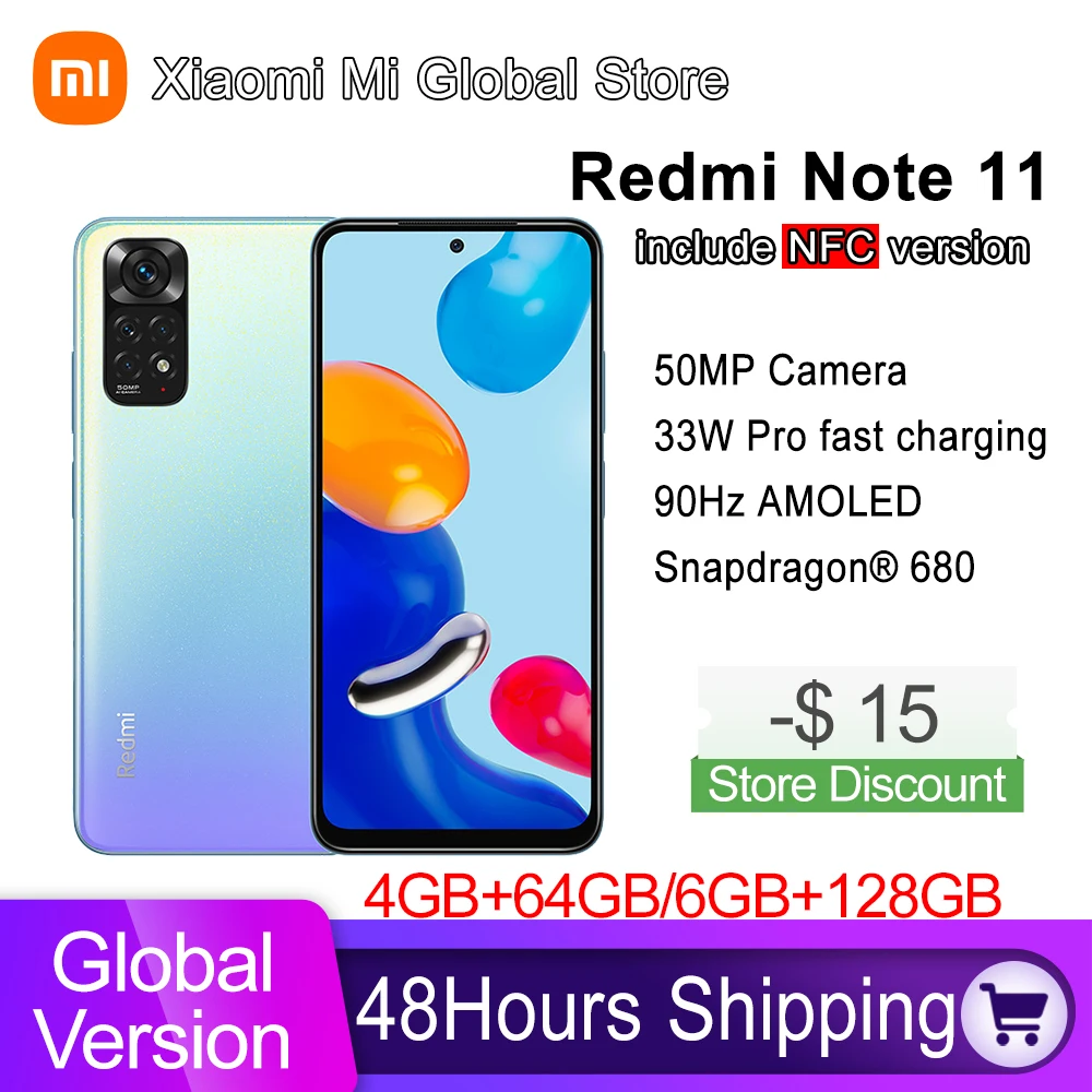 In Stock Global Version Xiaomi Redmi Note 11 Smartphone Snapdragon 680 Octa Core 33W Pro Fast Charging 50MP Quad Camera 64/128GB