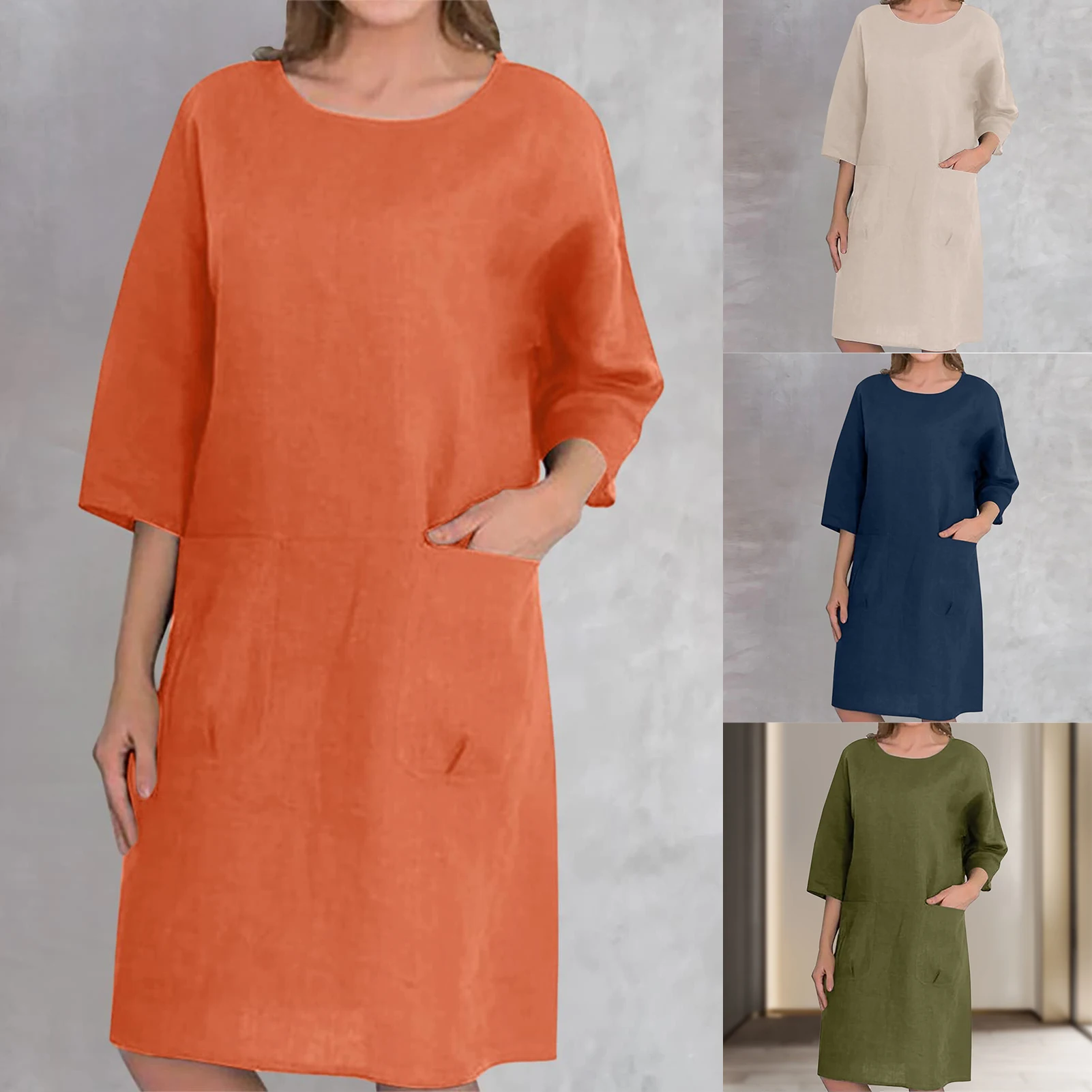 

2023 Women Summer Casual Cotton Linen Round Neck T-Shirt Dresses Beach Cover Up Pockets Soild Sundress Loose T-shirt Midi Dress