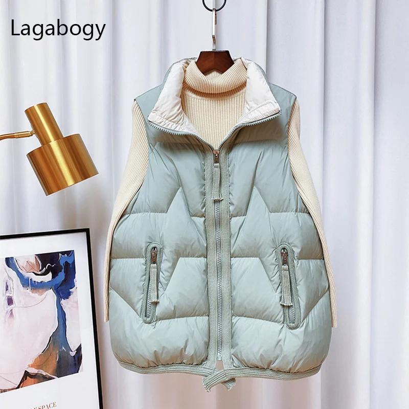 

Coat Lagabogy 2023 New Winter Women Sleeveless White Duck Down Vest Casual Warm Short Puffer Waistcoat Female Windproof Gilet