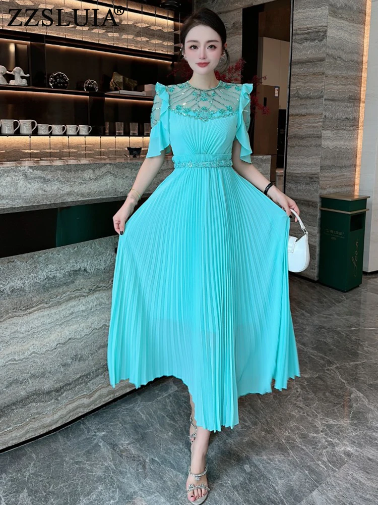 

ZZSLUIA Elegant Dresses For Women Sequined Beading Patchwork Designer Slim Pleated Dress Fashion Ruffles Long Dresses Female