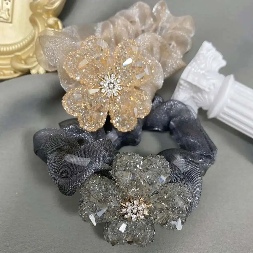 

New Retro Rhinestones Large Intestine Hair Ring Flowers Hair Band Women Diamond-studded Mesh Hair Rope Girls Headwear Accessory